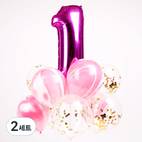 파티해 첫돌 컨페티풍선 25p + 손펌프 랜덤발송 +컬링리본 + 스펀지닷 세트, 핑크, 2세트