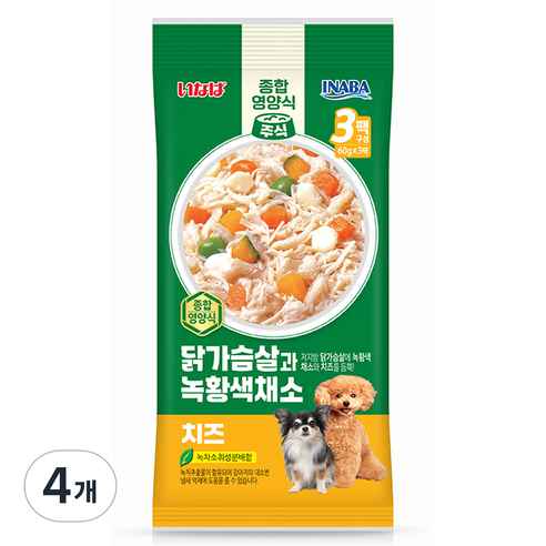이나바 강아지 닭가슴살과 녹황색채소 파우치 QDR-143, 180g, 4개, 혼합맛(닭가슴살/채소/치즈)