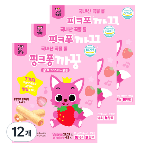 핑크퐁 까꿍 곡물 롤 과자 7p, 딸기 + 곡물 혼합맛, 35g, 12개