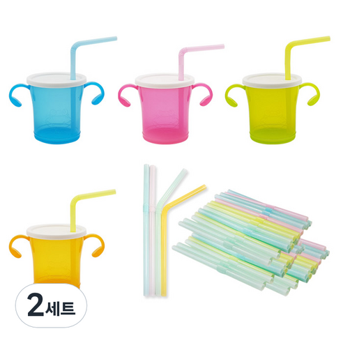 아가프라 빨대컵 180ml x 4종 + 빨대 50p 세트, 컵(블루, 그린, 핑크, 오렌지), 빨대(혼합색상), 2세트