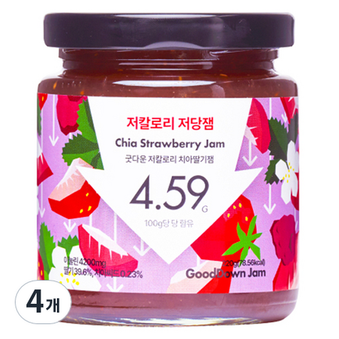 그림의빵 굿다운 저칼로리 치아딸기잼, 220g, 4개
