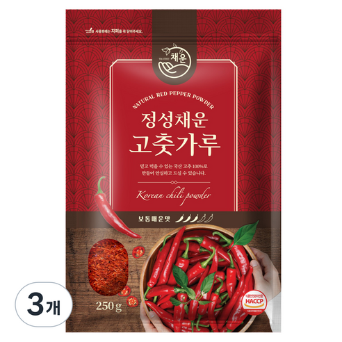 채운 정성채운 국산 고춧가루 보통매운맛, 250g, 3개