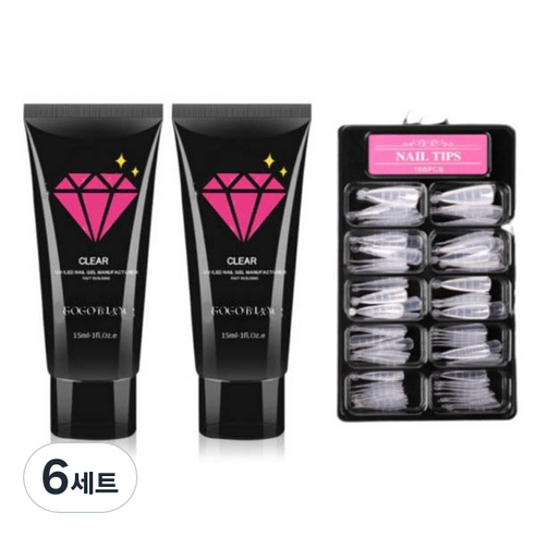 고고블랑 네일연장 폴리젤 30ml 세트, 폴리젤 클리어 + 클리어핑크 + 연장팁 스틸레토 100p + 구성품 3종, 6세트