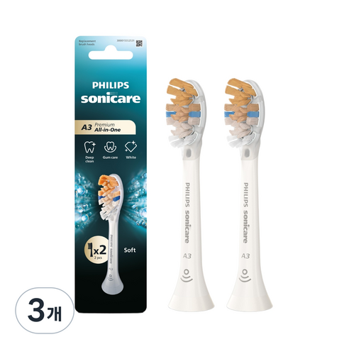 소닉케어 A3 프리미엄 올인원 칫솔모 화이트 2p, HX9092/14, 3개