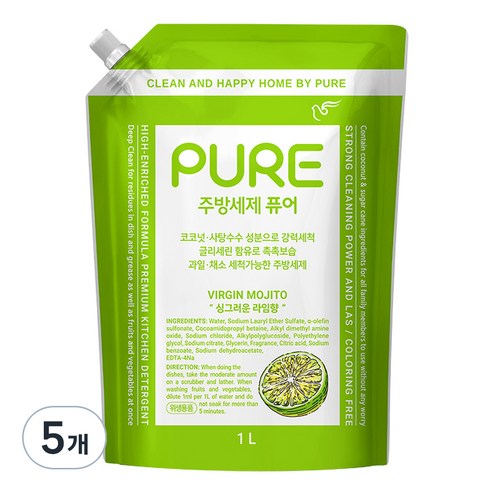 피죤퓨어 버진모히토 주방세제, 5개, 1L