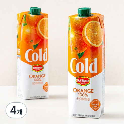 델몬트 cold 100% 오렌지주스, 1L, 4개