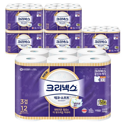 크리넥스 천연펄프 3겹 데코 앤 소프트 와이드 롤화장지 35m, 12롤, 6팩