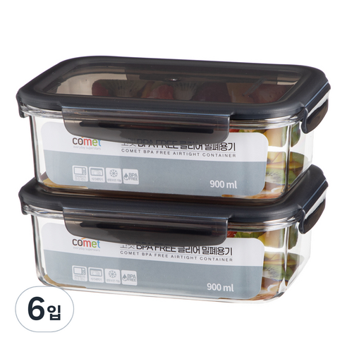 코멧 국내생산 BPA FREE 클리어 밀폐용기 900ml, 6입, 단품