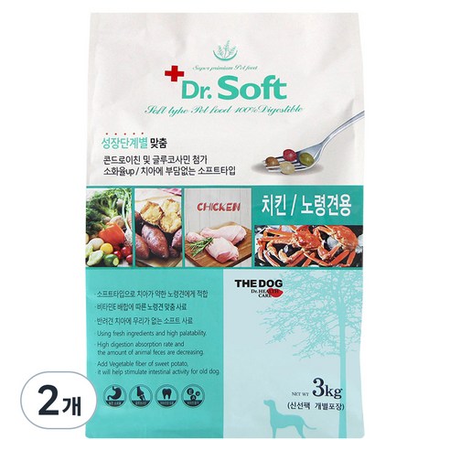 더독 노령견용 닥터 소프트 사료, 닭, 3kg, 2개
