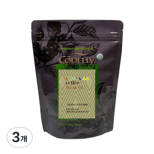 코델리 케냐AA 원두 분쇄커피, 200g, 커피메이커, 3개