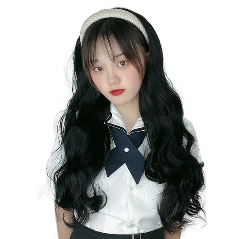 하이유니 웨이브 펌 헤어 머리띠 가발 65cm, 아이보리(헤어밴드), 네츄럴블랙(가발), 1개