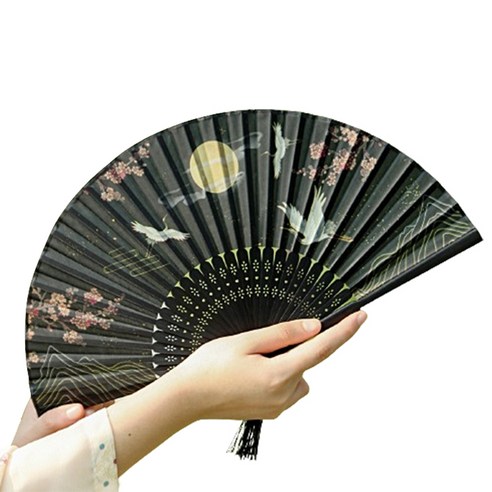 뽀르픽 시원한 전통 수묵화 대나무 선물 접이식 부채, 블랙플라워, 2개