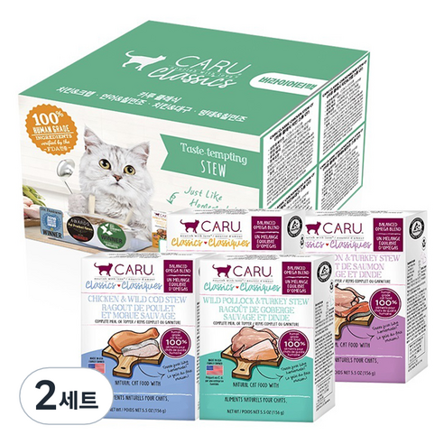 카루펫푸드 전연령 고양이 클래식 버라이어티팩B 습식사료 세트, 치킨&크랩 + 연어&칠면조 + 치킨&대구 + 명태&칠면조, 156g, 2세트