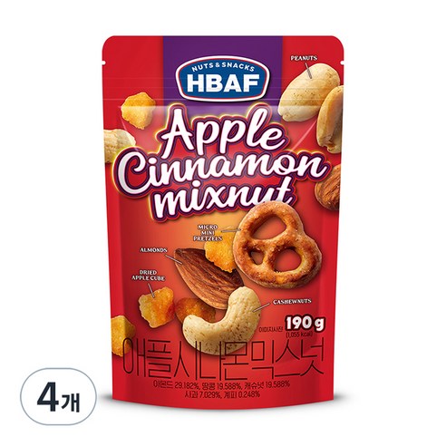 HBAF 넛츠앤스낵스 애플 시나몬믹스넛, 190g, 4개