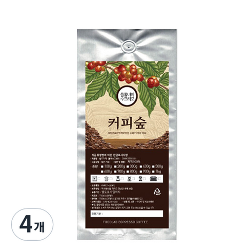 커피숲 콜롬비아 수프리모 원두, 홀빈, 1000g, 4개