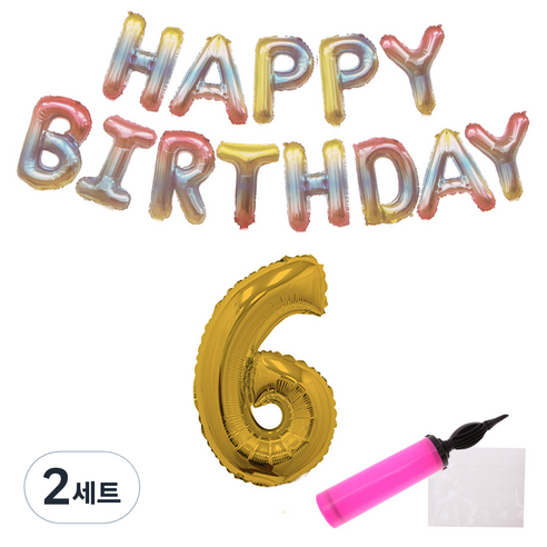 리빙다 파스텔레인 보우 생일풍선 세트, 골드6, 2세트