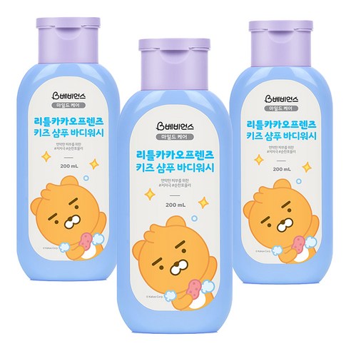 베비언스 리틀카카오프렌즈 키즈 샴푸 바디워시 라이언 파우더향, 200ml, 3개