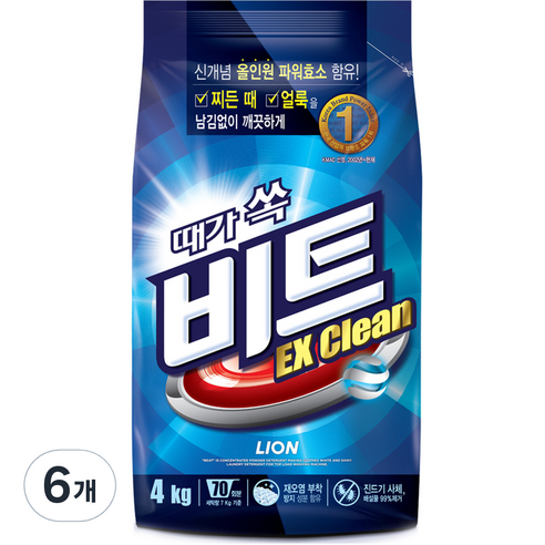 비트 EX 클린 분말세제 리필, 4kg, 6개