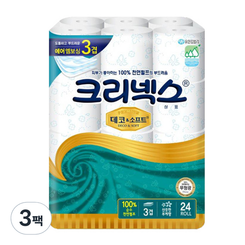크리넥스 천연 펄프 데코 & 소프트 3겹 화장지 30m, 24롤, 3개