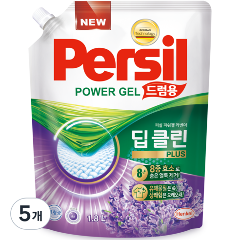 퍼실 파워젤 드럼용 액상세제 라벤더 코튼 프레쉬 리필형, 1.8L, 5개