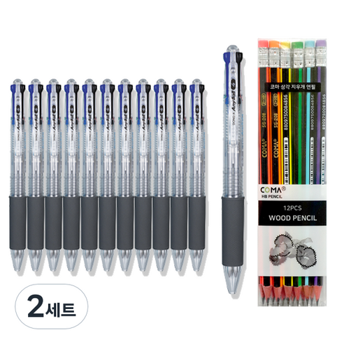 동아 애니볼 4색 볼펜 0.7mm 12p + 투코비 코마 삼각 지우개 연필 SG-208 12p 세트, 투명, 2세트