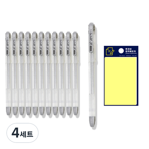 동아 마이메탈 펜 0.7mm 12p + 투코비 스티키 메모패드 노랑 세트, 은색, 4세트
