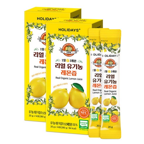 홀리데이즈 NFC 착즙 100% 리얼 유기농 레몬즙 14포, 280ml, 2개
