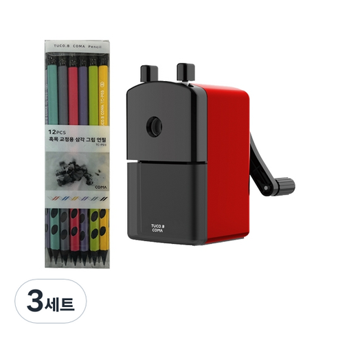 투코비 코마 흑목 삼각 교정연필 B TC-P03 12p + 코마 점보연필겸용 연필깎이 TC-M1 세트, 랜덤발송(연필), 레드(연필깎이), 3세트