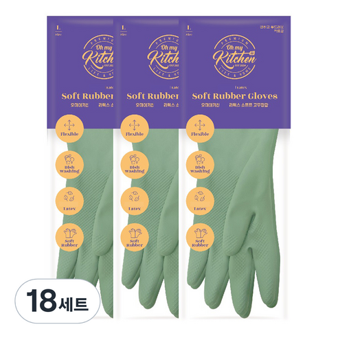 오마이키친 라텍스 소프트 팔목 고무장갑 양손 세트, 18개, 대(L), 파스텔민트