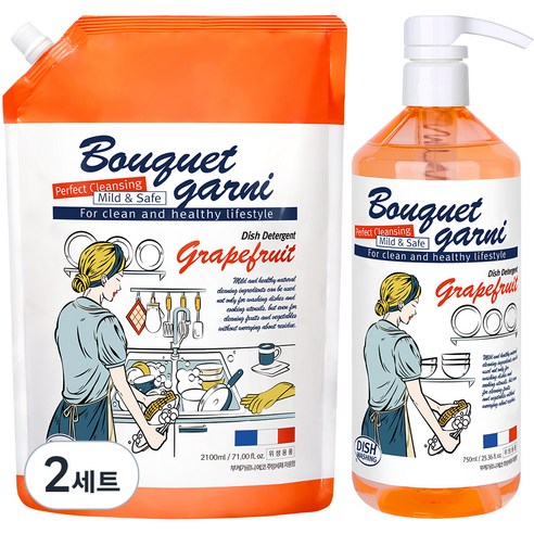 부케가르니 에코 주방세제 자몽향 본품 750ml + 리필 2.1L 1세트, 2세트