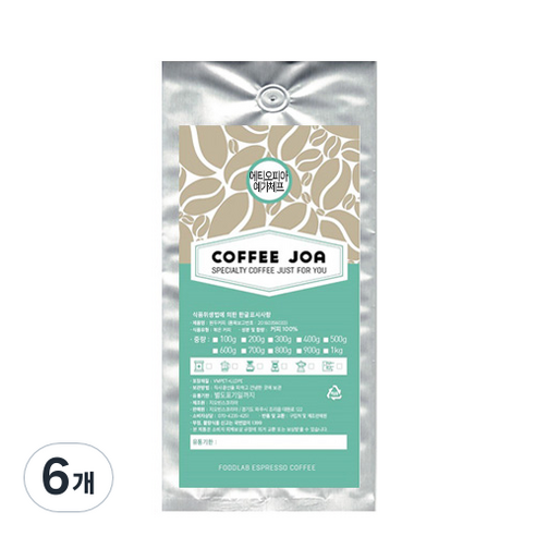 COFFEEJOA 원두 에티오피아 예가체프, 홀빈, 200g, 6개