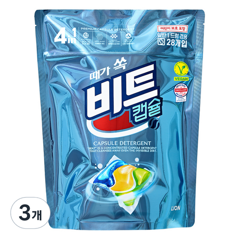 비트 4in1 일반 드럼 겸용 캡슐세제 티트리 오일향, 28개입, 3개