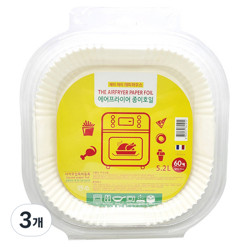 제이제이해피하우스 에어프라이어 사각 종이호일 5.2L, 20cm, 60개입, 3개