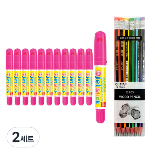 동아 고체형광펜 제트스틱 12p + 투코비 삼각 지우개 연필 SG-208 12p 세트, 분홍(제트스틱), 혼합색상(지우개연필), 2세트