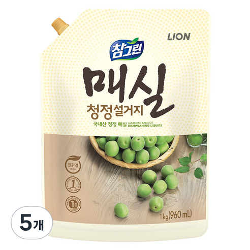 참그린 매실 청정 설거지 세제 리필, 5개, 960ml