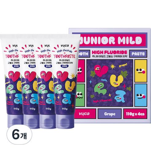 뷰카 주니어 마일드 고불소 구취케어 치약 포도향 4p, 440g, 6개