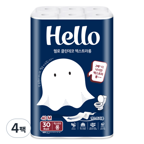 헬로 클린데코 엑스트라롱 천연펄프 2겹 일반롤화장지, 4개, 30개입, 40m