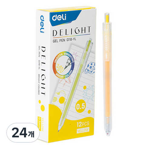 델리 델라이트 퀵드라이 노크식 젤잉크펜 0.5mm EQ118, 옐로우, 24개