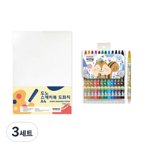 도노 스케치북 도화지 A4 130g 250매 + 모나미 모니주 샤프식 색연필 12색 문구세트, 단일색상(도화지), 남(색연필), 3세트