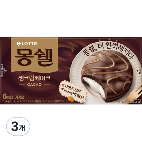 몽쉘 생크림 케이크 카카오 6입, 204g, 3개