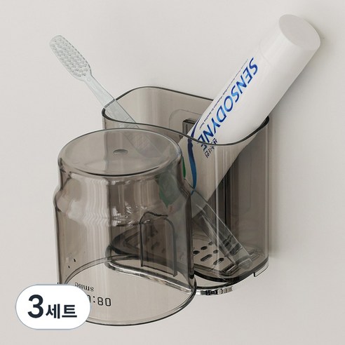 리빙공감 티스 부착형 칫솔꽂이 양치컵 세트, 3세트, 투명그레이