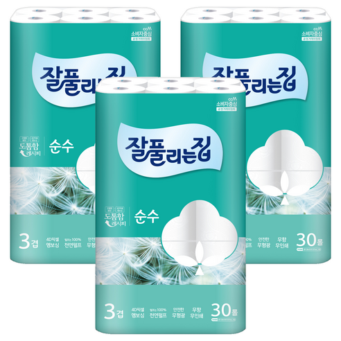 잘풀리는집 3겹 순수 천연펄프 고급롤화장지, 28m, 30개입, 3개