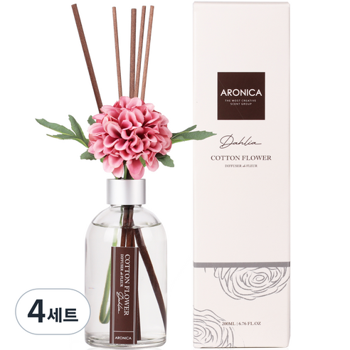 아로니카 플라워 디퓨저 200ml + 플라워스틱 + 섬유스틱 5p, 코튼플라워, 4세트