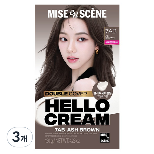 미쟝센 헬로크림 더블커버 새치 겸용 염모제, 3개, 애쉬브라운