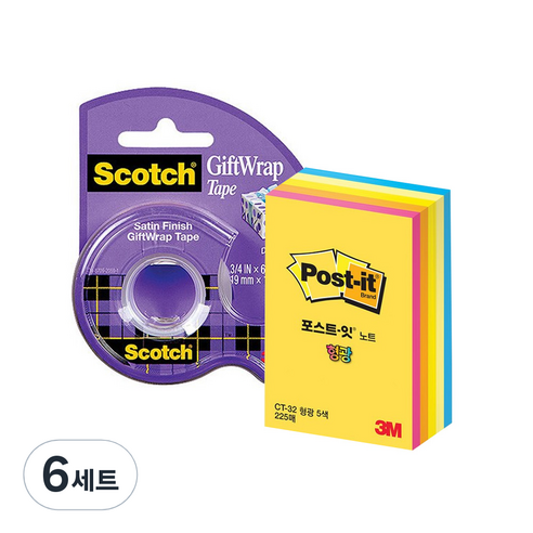 스카치 선물 포장 테이프 디스펜서 19mm x 16.5m +포스트잇 형광 큐브노트 CT-32, 혼합색상, 6세트