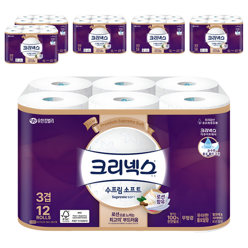 크리넥스 수프림 소프트 천연펄프 3겹 고급롤화장지, 27m, 12개입, 6개