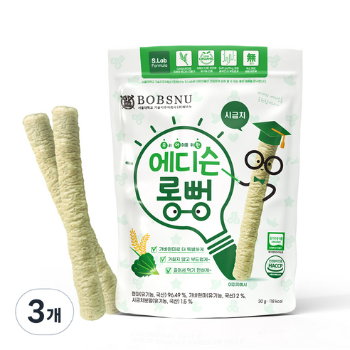 서울대밥스누 우아한 에디슨롱뻥 유기농 현미과자, 시금치, 30g, 3개
