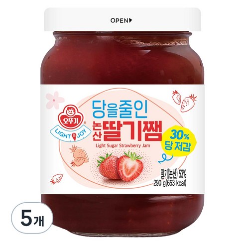 오뚜기 LIGHT 앤 JOY 당을줄인 논산딸기쨈, 290g, 5개