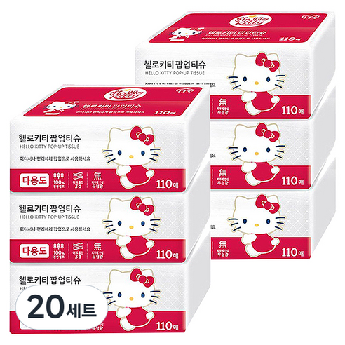 헬로키티 팝업 천연펄프 미용티슈 3겹 레드 3p, 110매, 20세트