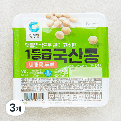 청정원 국산콩 고소한 두부 찌개용, 300g, 3개